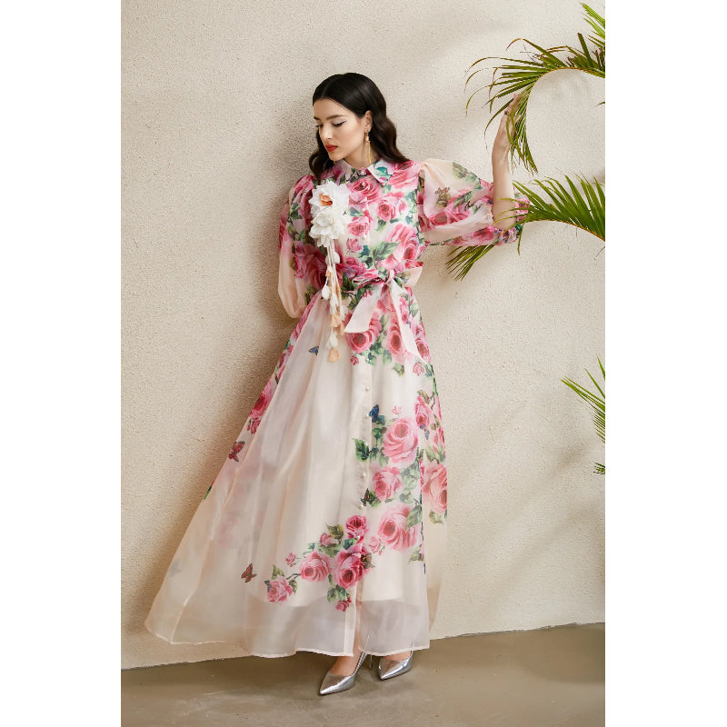 CM-DY050220 Women Elegant European Style Floral Print Lapel Neckline Puff Sleeve Long Dress - Pink