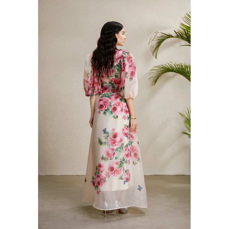 CM-DY050220 Women Elegant European Style Floral Print Lapel Neckline Puff Sleeve Long Dress - Pink