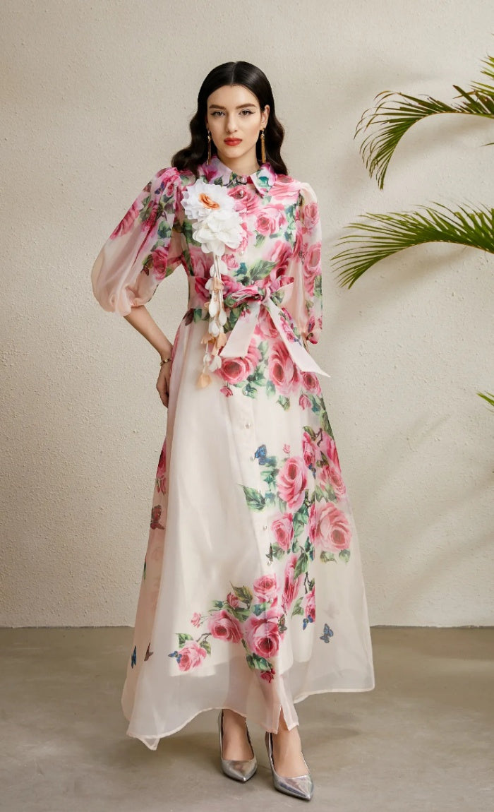 CM-DY050220 Women Elegant European Style Floral Print Lapel Neckline Puff Sleeve Long Dress - Pink