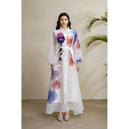 CM-DY050223 Women Elegant European Style Floral Print Lapel Lantern Sleeve Long Dress - White