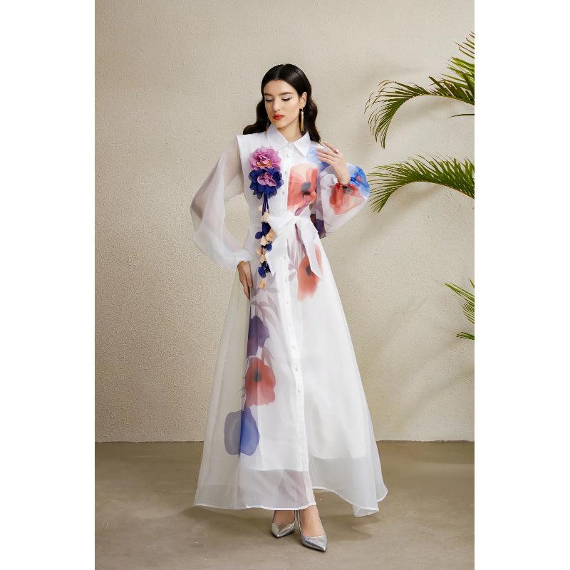 CM-DY050223 Women Elegant European Style Floral Print Lapel Lantern Sleeve Long Dress - White