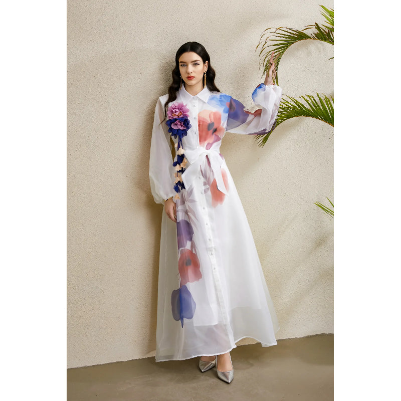 CM-DY050223 Women Elegant European Style Floral Print Lapel Lantern Sleeve Long Dress - White