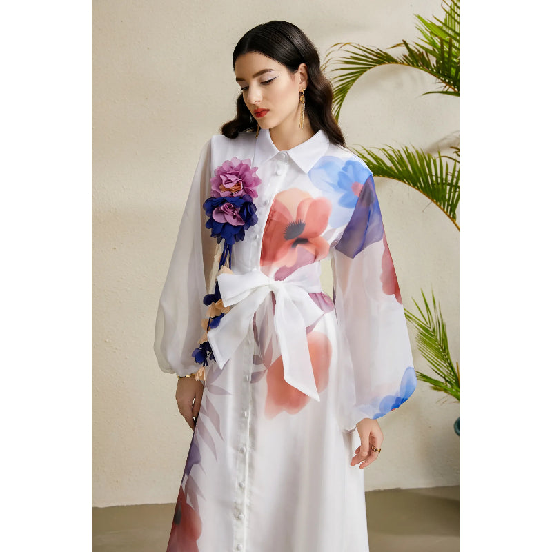 CM-DY050223 Women Elegant European Style Floral Print Lapel Lantern Sleeve Long Dress - White