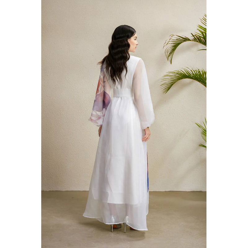 CM-DY050223 Women Elegant European Style Floral Print Lapel Lantern Sleeve Long Dress - White