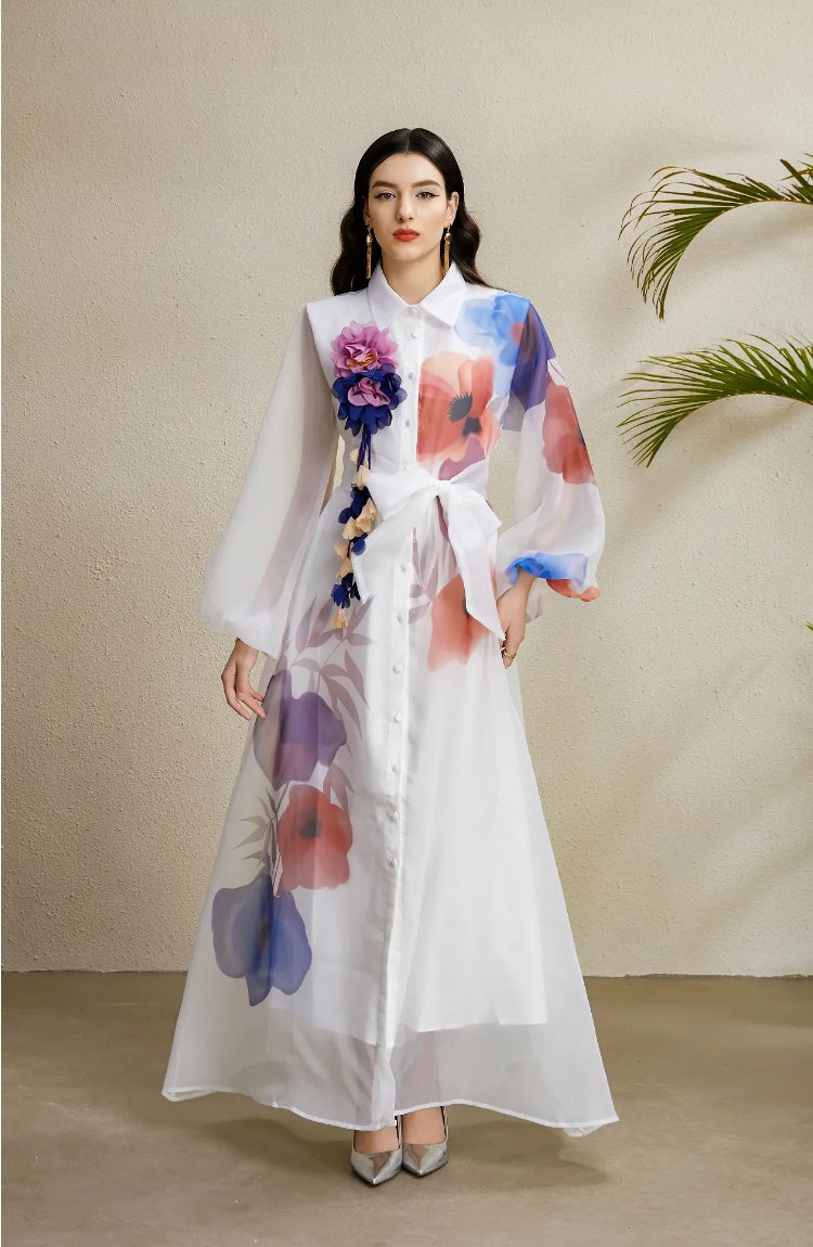 CM-DY050223 Women Elegant European Style Floral Print Lapel Lantern Sleeve Long Dress - White