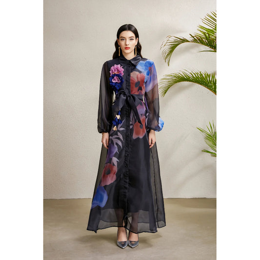 CM-DY050224 Women Elegant European Style Floral Print Lapel Lantern Sleeve Long Dress - Black