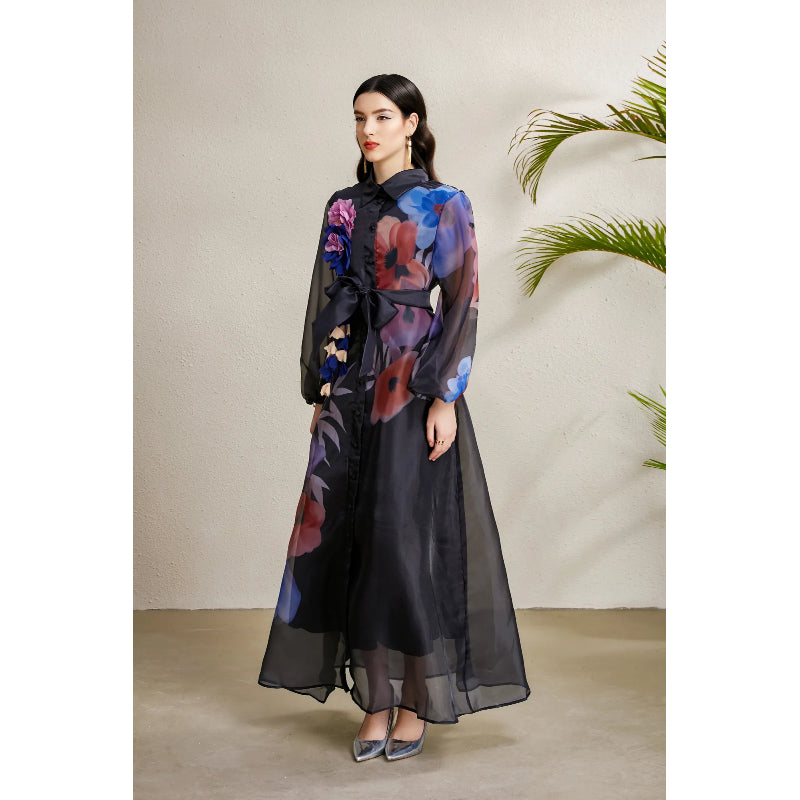 CM-DY050224 Women Elegant European Style Floral Print Lapel Lantern Sleeve Long Dress - Black