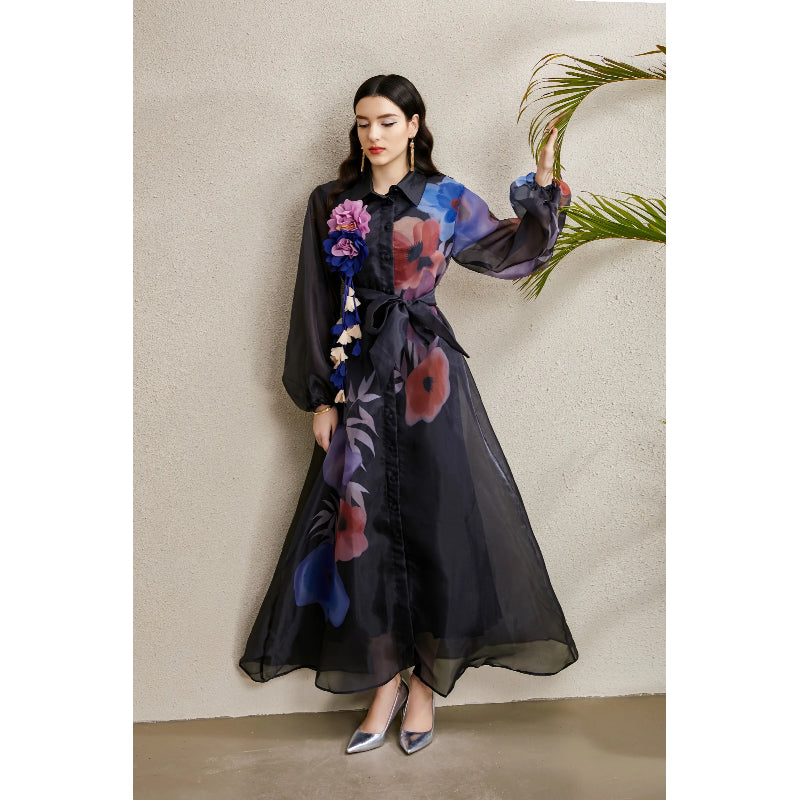 CM-DY050224 Women Elegant European Style Floral Print Lapel Lantern Sleeve Long Dress - Black