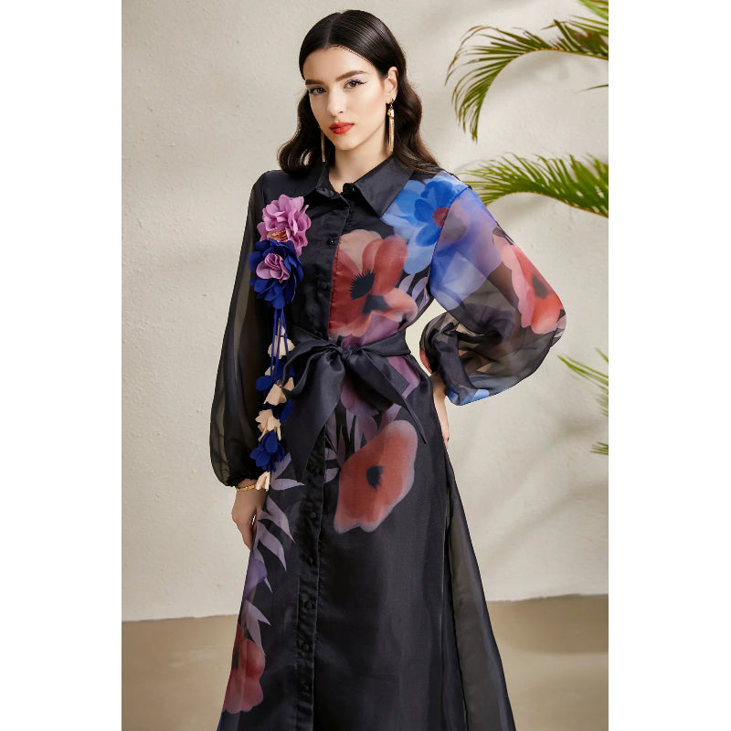 CM-DY050224 Women Elegant European Style Floral Print Lapel Lantern Sleeve Long Dress - Black