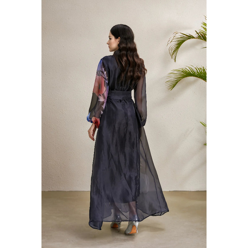 CM-DY050224 Women Elegant European Style Floral Print Lapel Lantern Sleeve Long Dress - Black