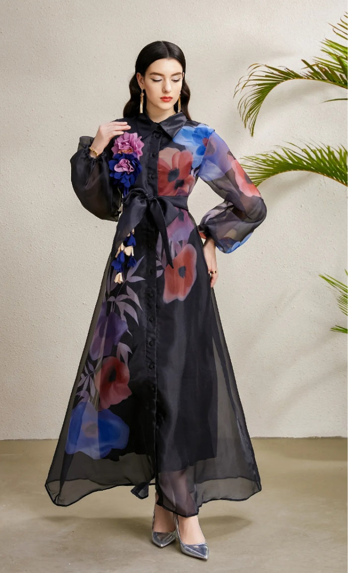 CM-DY050224 Women Elegant European Style Floral Print Lapel Lantern Sleeve Long Dress - Black