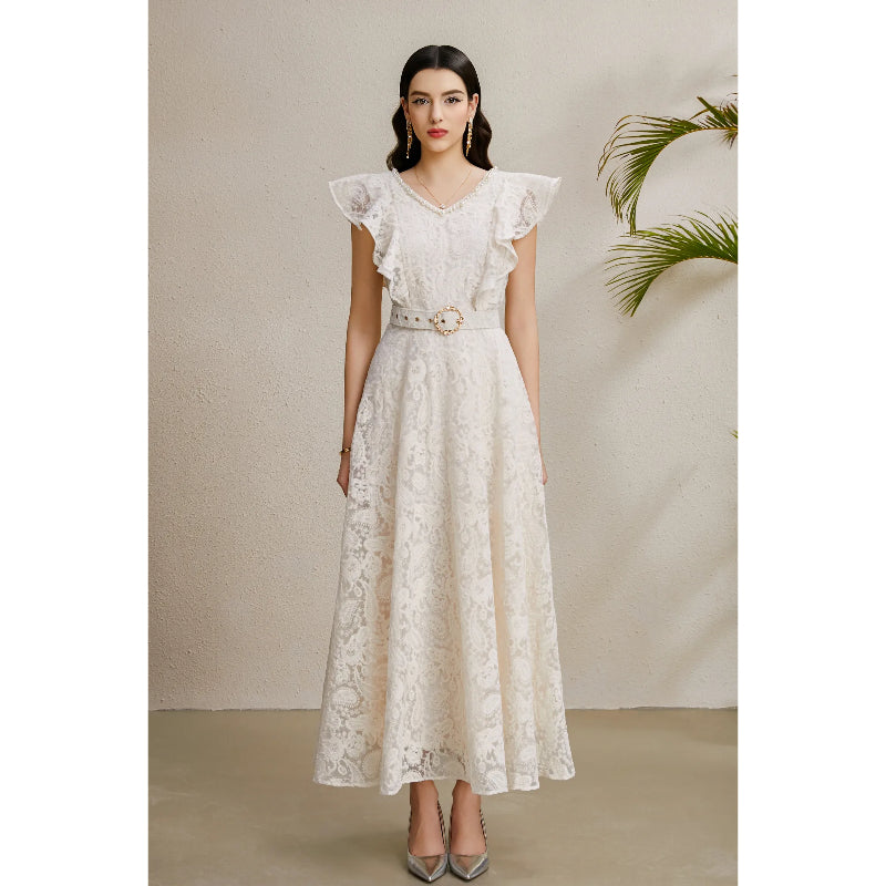 CM-DY050226 Women Elegant European Style V-Neck Boat Sleeve Belted Long Dress - Apricot