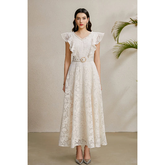 CM-DY050226 Women Elegant European Style V-Neck Boat Sleeve Belted Long Dress - Apricot