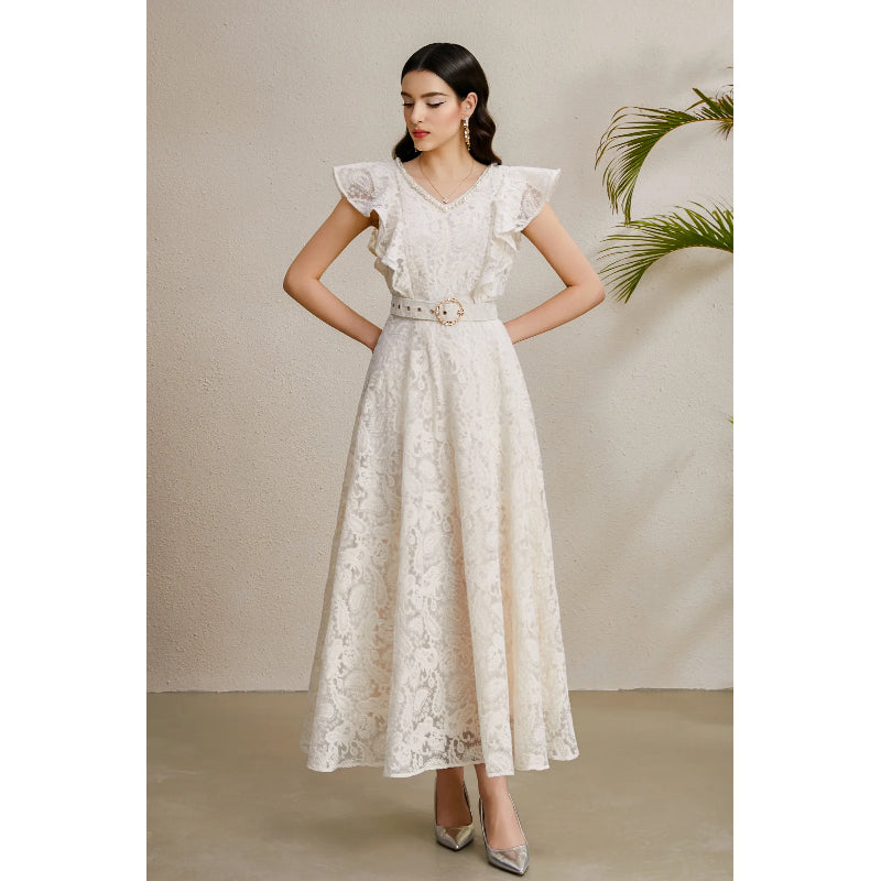CM-DY050226 Women Elegant European Style V-Neck Boat Sleeve Belted Long Dress - Apricot