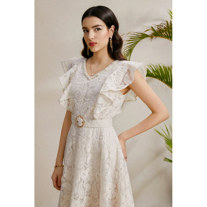 CM-DY050226 Women Elegant European Style V-Neck Boat Sleeve Belted Long Dress - Apricot