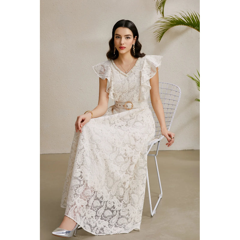 CM-DY050226 Women Elegant European Style V-Neck Boat Sleeve Belted Long Dress - Apricot