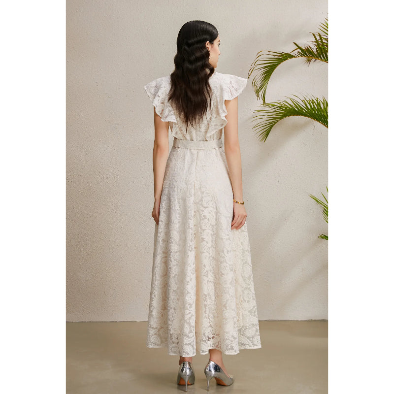 CM-DY050226 Women Elegant European Style V-Neck Boat Sleeve Belted Long Dress - Apricot