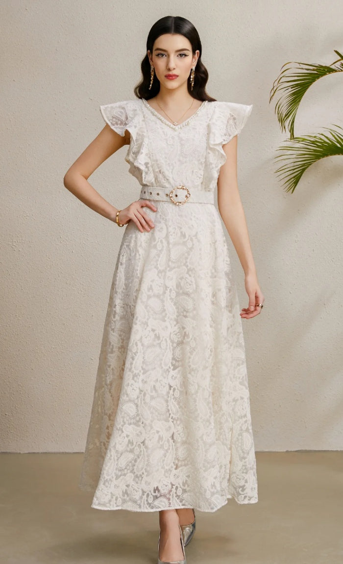 CM-DY050226 Women Elegant European Style V-Neck Boat Sleeve Belted Long Dress - Apricot