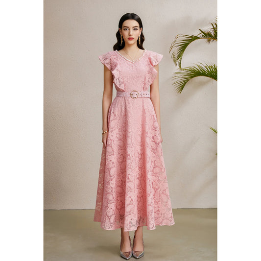 CM-DY050227 Women Elegant European Style V-Neck Boat Sleeve Belted Long Dress - Pink