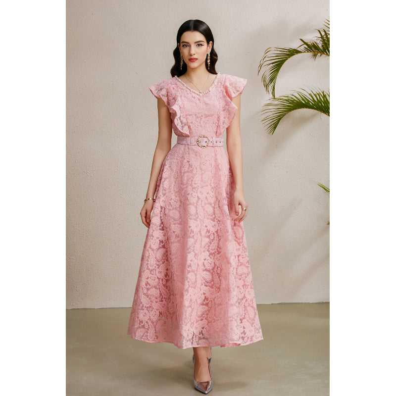 CM-DY050227 Women Elegant European Style V-Neck Boat Sleeve Belted Long Dress - Pink