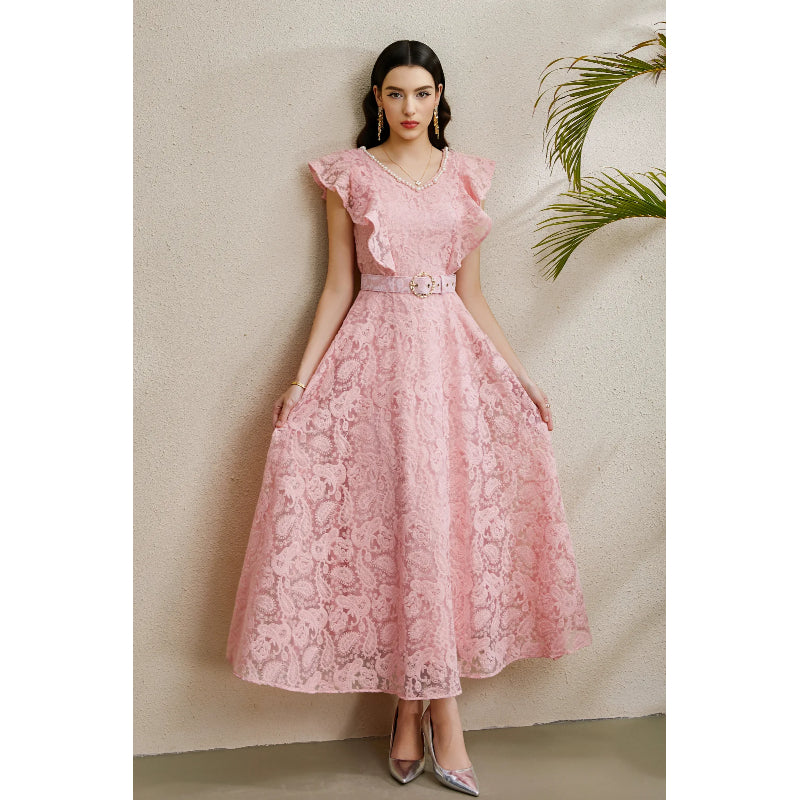 CM-DY050227 Women Elegant European Style V-Neck Boat Sleeve Belted Long Dress - Pink