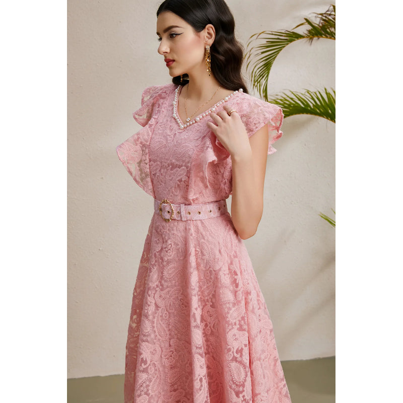 CM-DY050227 Women Elegant European Style V-Neck Boat Sleeve Belted Long Dress - Pink