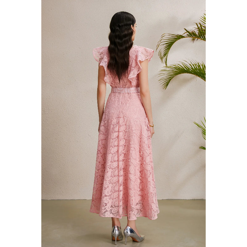 CM-DY050227 Women Elegant European Style V-Neck Boat Sleeve Belted Long Dress - Pink