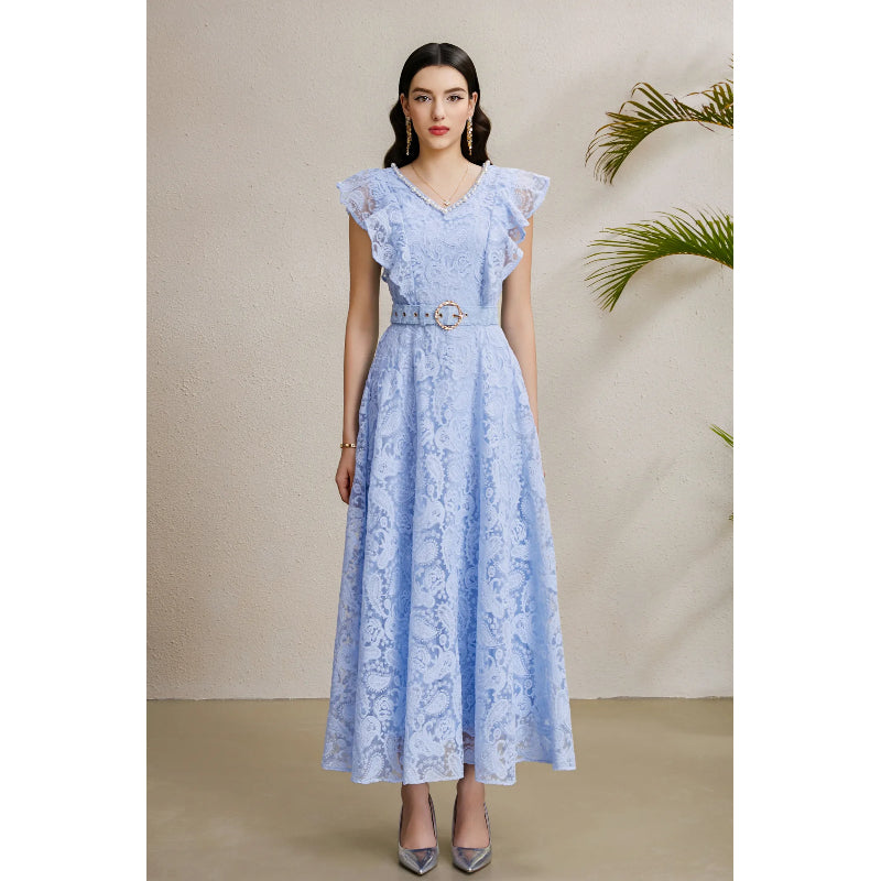 CM-DY050228 Women Elegant European Style V-Neck Boat Sleeve Belted Long Dress - Sky Blue