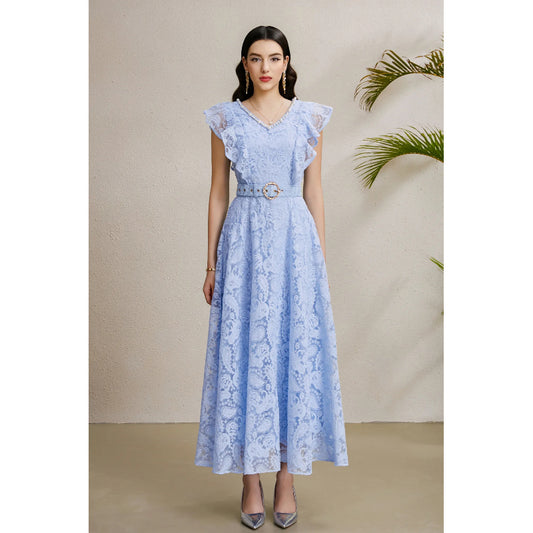 CM-DY050228 Women Elegant European Style V-Neck Boat Sleeve Belted Long Dress - Sky Blue