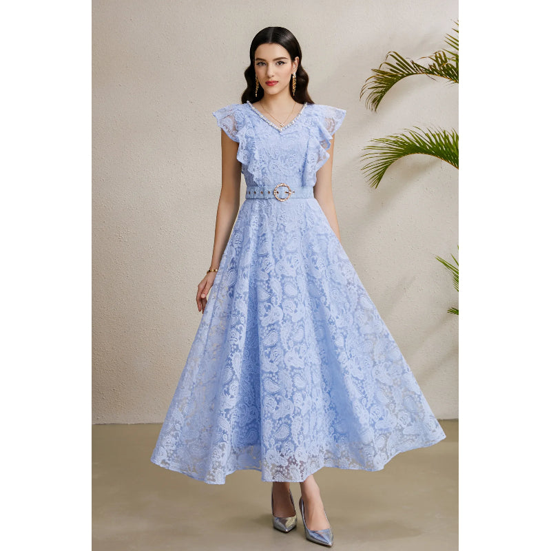 CM-DY050228 Women Elegant European Style V-Neck Boat Sleeve Belted Long Dress - Sky Blue