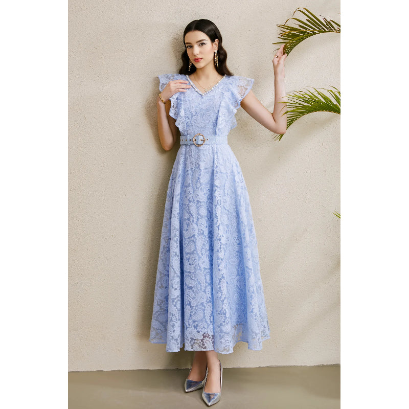 CM-DY050228 Women Elegant European Style V-Neck Boat Sleeve Belted Long Dress - Sky Blue