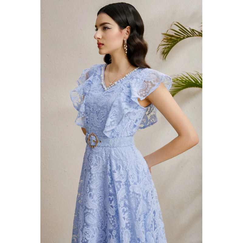 CM-DY050228 Women Elegant European Style V-Neck Boat Sleeve Belted Long Dress - Sky Blue