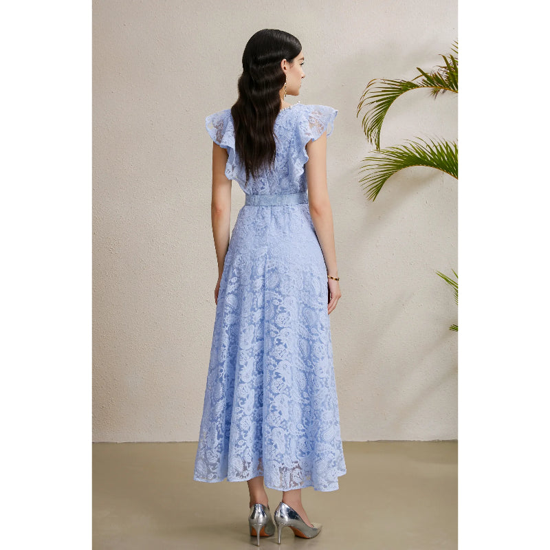 CM-DY050228 Women Elegant European Style V-Neck Boat Sleeve Belted Long Dress - Sky Blue