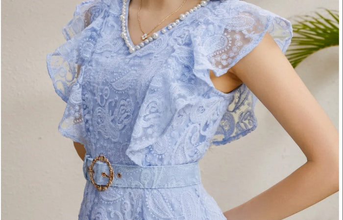 CM-DY050228 Women Elegant European Style V-Neck Boat Sleeve Belted Long Dress - Sky Blue