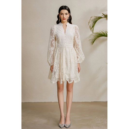 CM-DY050231 Women Elegant European Style Embroidery V-Neck Lantern Sleeve Short Dress - Apricot
