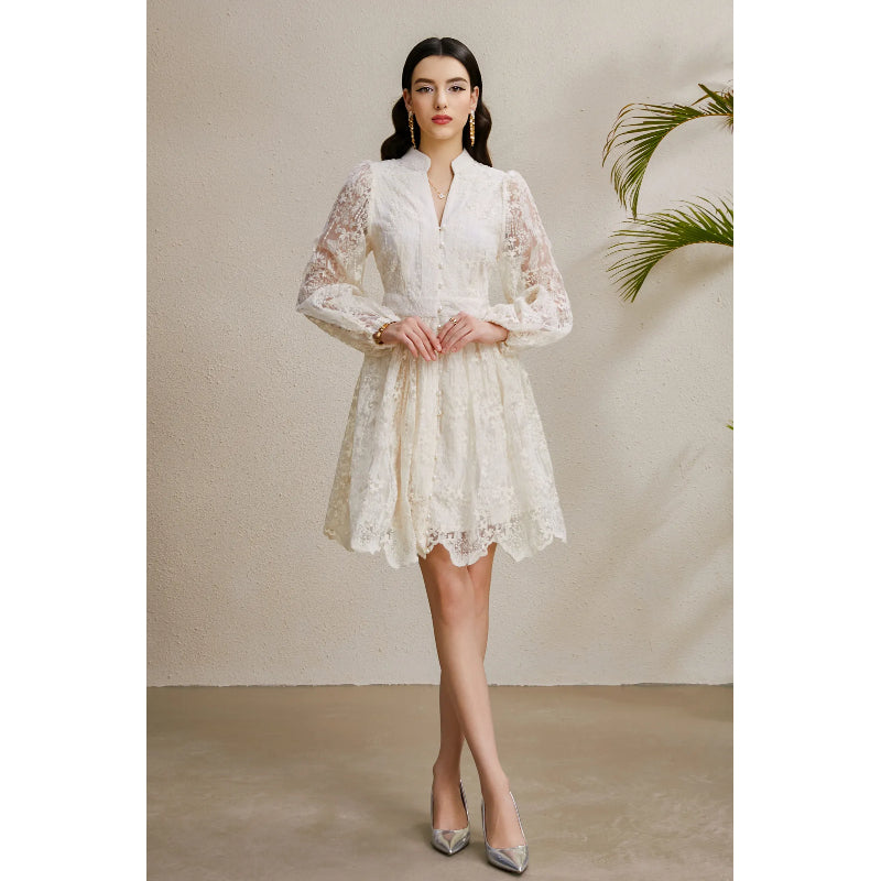 CM-DY050231 Women Elegant European Style Embroidery V-Neck Lantern Sleeve Short Dress - Apricot