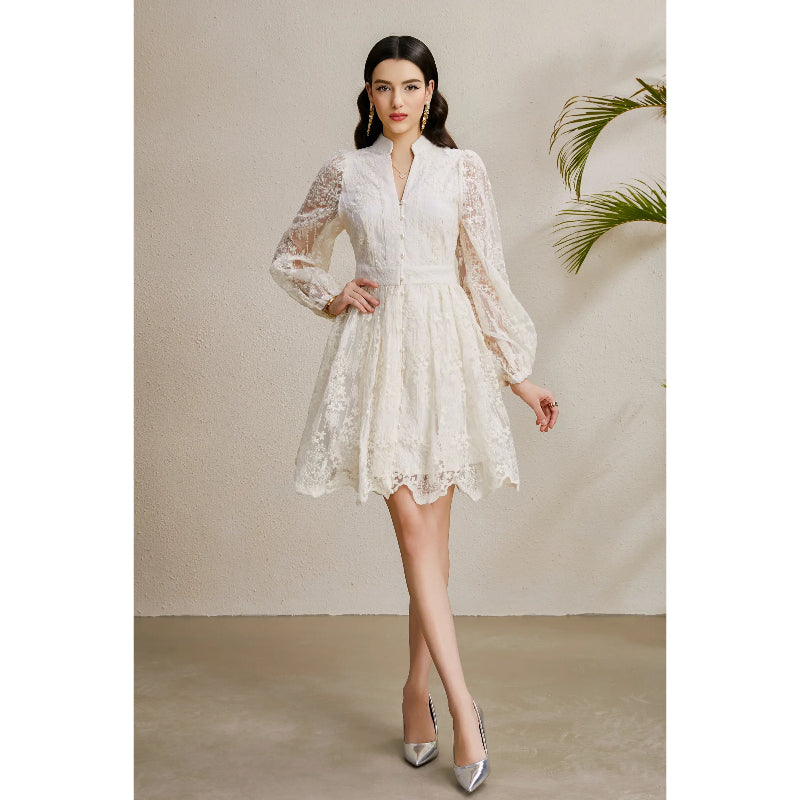 CM-DY050231 Women Elegant European Style Embroidery V-Neck Lantern Sleeve Short Dress - Apricot