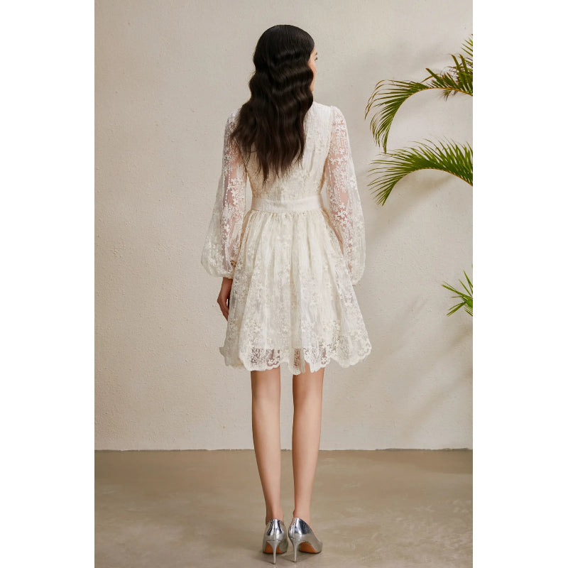 CM-DY050231 Women Elegant European Style Embroidery V-Neck Lantern Sleeve Short Dress - Apricot