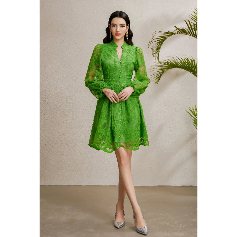 CM-DY050232 Women Elegant European Style Embroidery V-Neck Lantern Sleeve Short Dress - Green