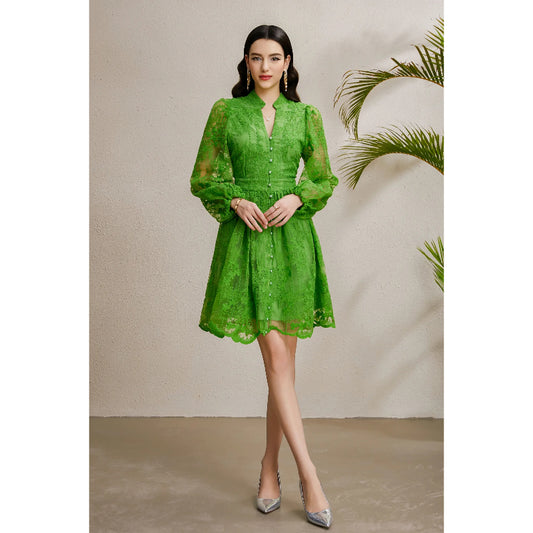 CM-DY050232 Women Elegant European Style Embroidery V-Neck Lantern Sleeve Short Dress - Green