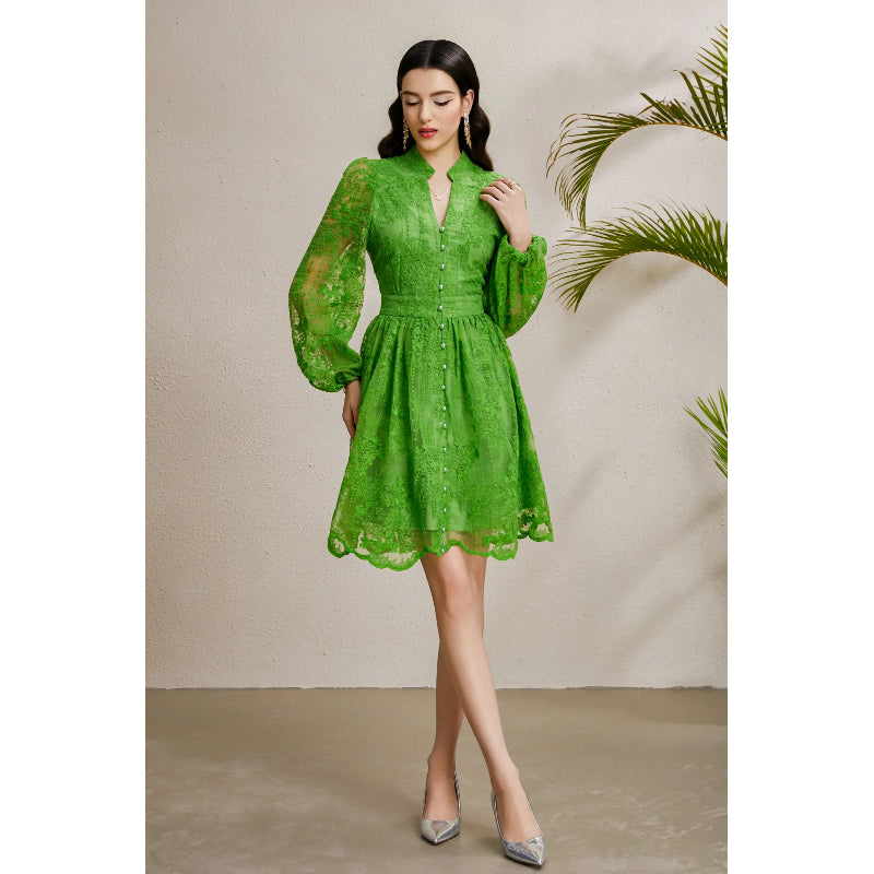 CM-DY050232 Women Elegant European Style Embroidery V-Neck Lantern Sleeve Short Dress - Green
