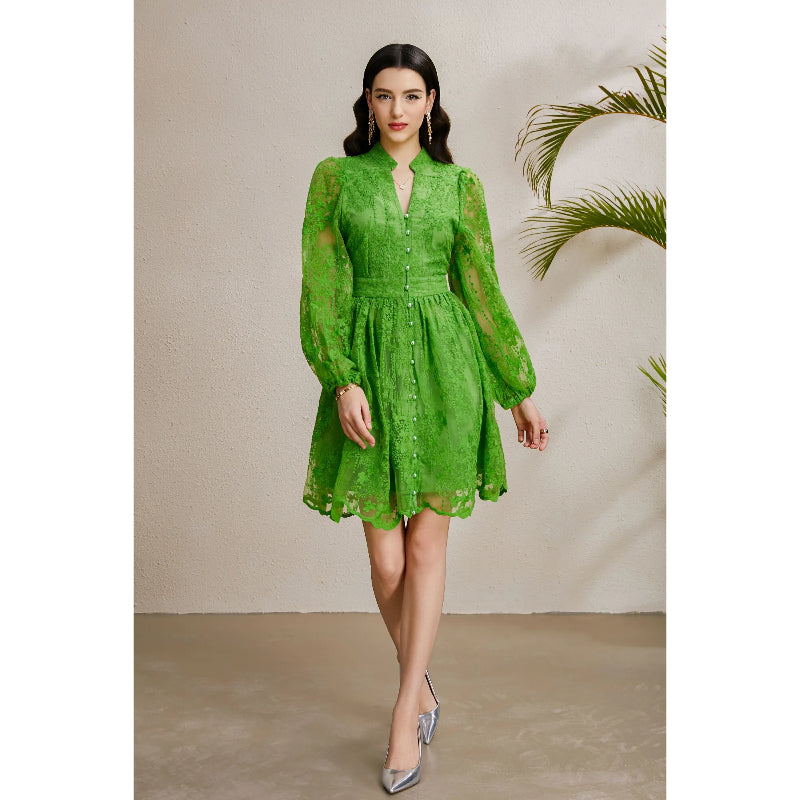 CM-DY050232 Women Elegant European Style Embroidery V-Neck Lantern Sleeve Short Dress - Green