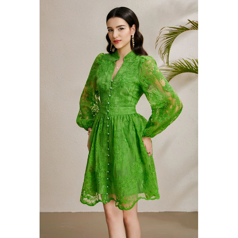 CM-DY050232 Women Elegant European Style Embroidery V-Neck Lantern Sleeve Short Dress - Green