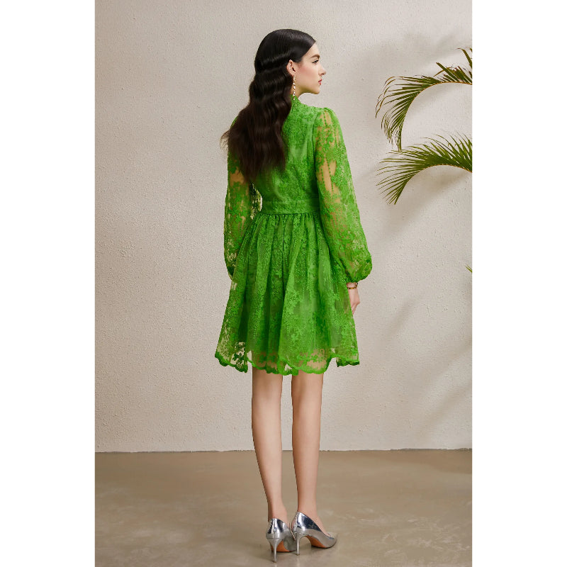CM-DY050232 Women Elegant European Style Embroidery V-Neck Lantern Sleeve Short Dress - Green