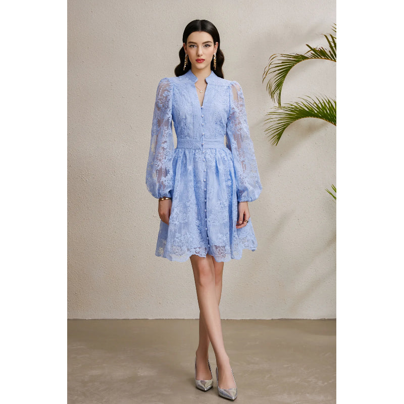 CM-DY050251 Women Elegant European Style Embroidery V-Neck Lantern Sleeve Short Dress - Sky Blue