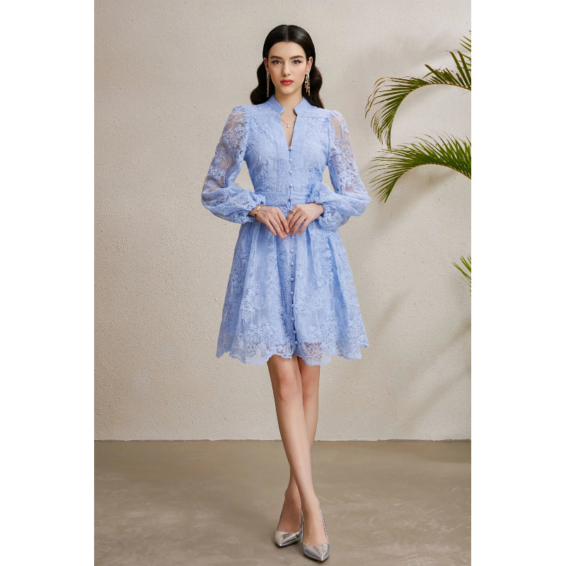 CM-DY050251 Women Elegant European Style Embroidery V-Neck Lantern Sleeve Short Dress - Sky Blue