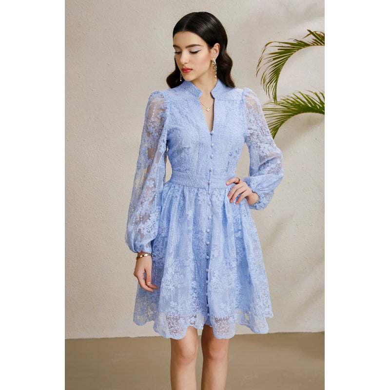 CM-DY050251 Women Elegant European Style Embroidery V-Neck Lantern Sleeve Short Dress - Sky Blue