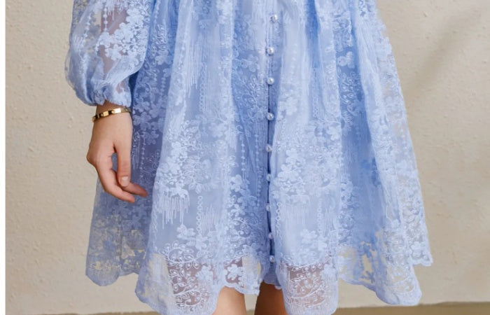 CM-DY050251 Women Elegant European Style Embroidery V-Neck Lantern Sleeve Short Dress - Sky Blue