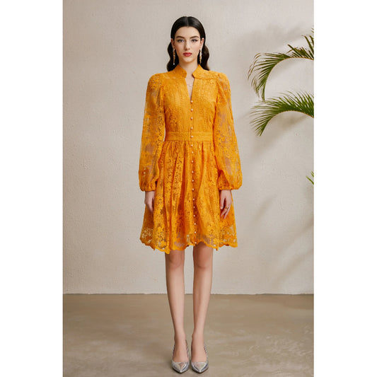 CM-DY050252 Women Elegant European Style Embroidery V-Neck Lantern Sleeve Short Dress - Yellow