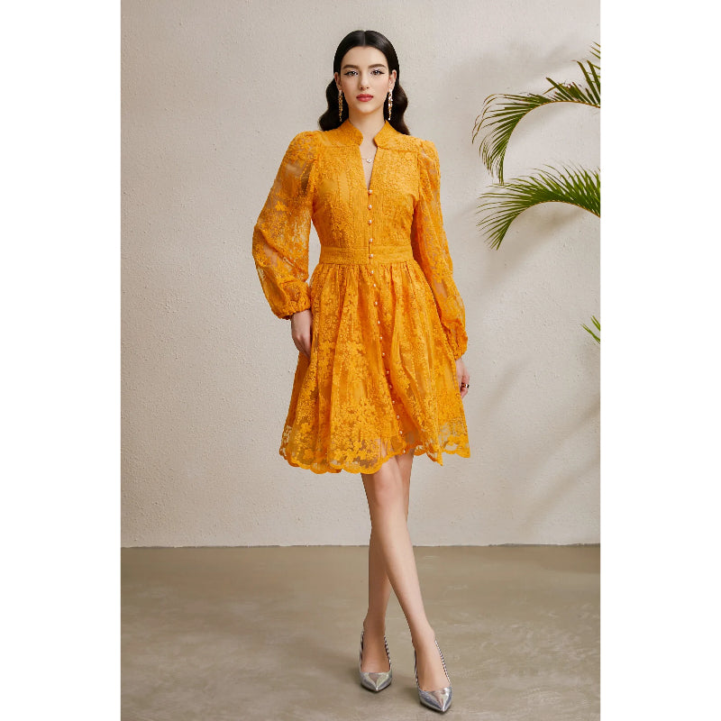 CM-DY050252 Women Elegant European Style Embroidery V-Neck Lantern Sleeve Short Dress - Yellow